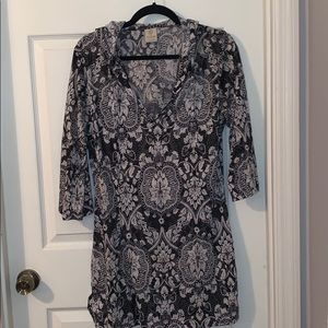 Tunic length hooded boho black and white large